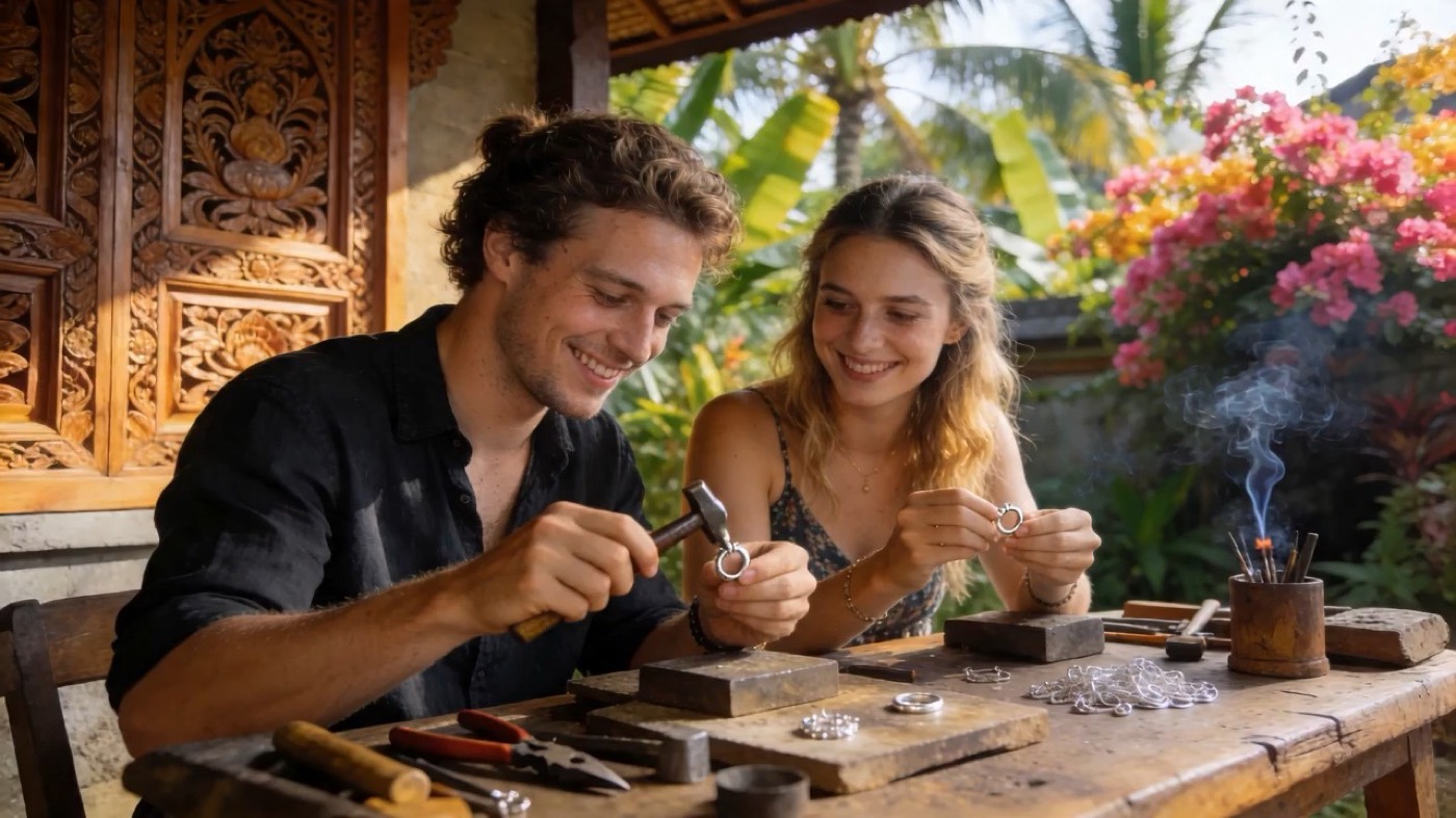 Making a silver ring at a workbench in Celuk